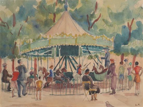 Louis Valtat (French 1869-1952), A carousel with figures in a park, signed L V lower right, watercolour, 19 x 26cm
